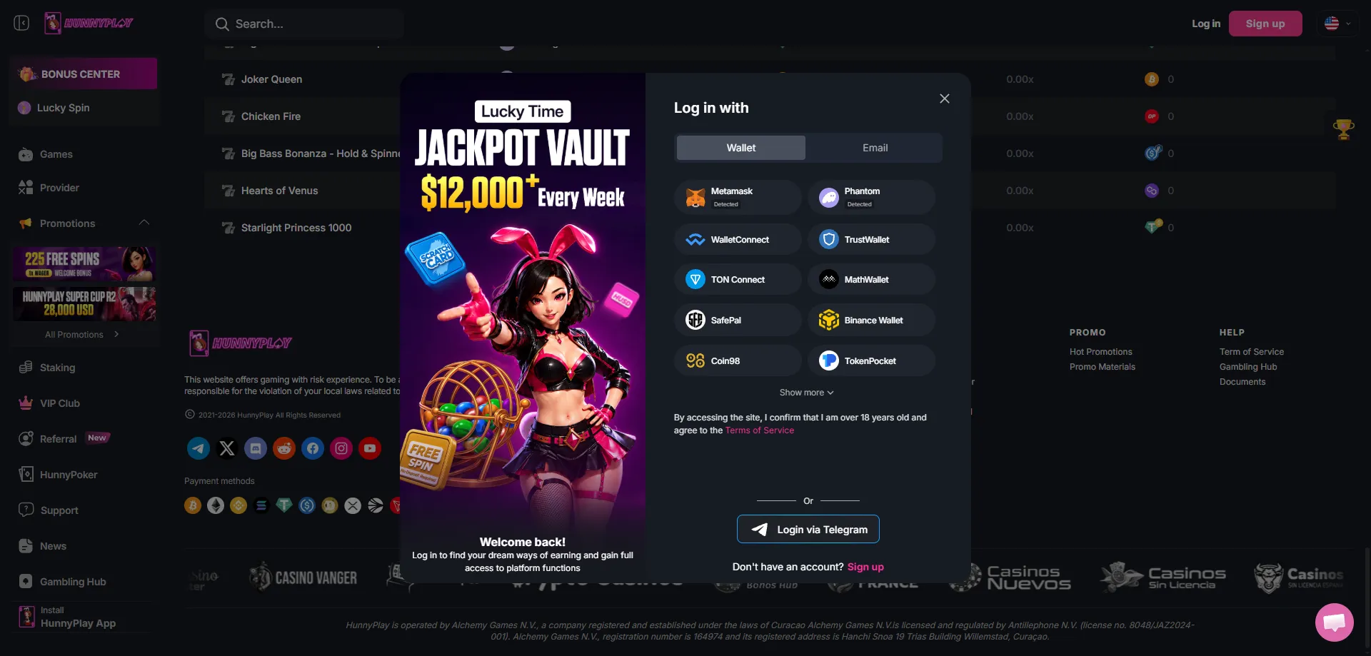 Hunnyplay Casino licence and account security information page