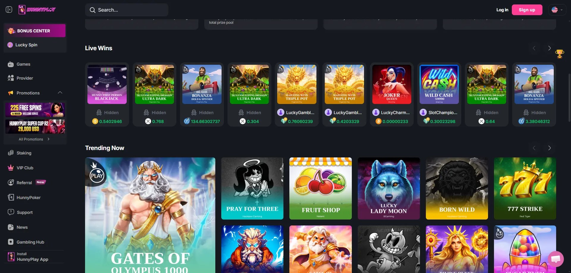 HunnyPlay Casino slot games lobby — thousands of titles for real money play