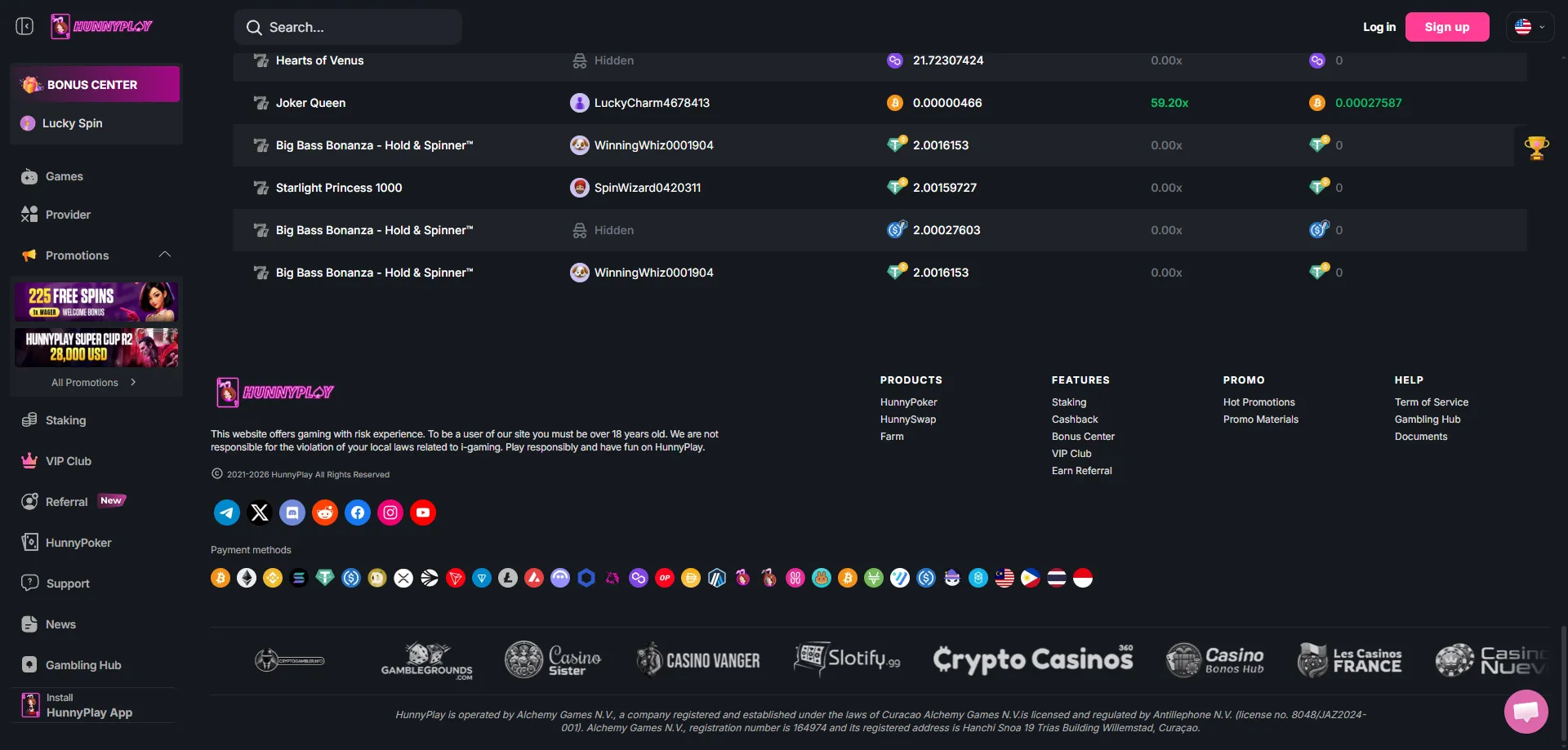 HunnyPlay Casino crypto deposit and withdrawal methods — fast transactions