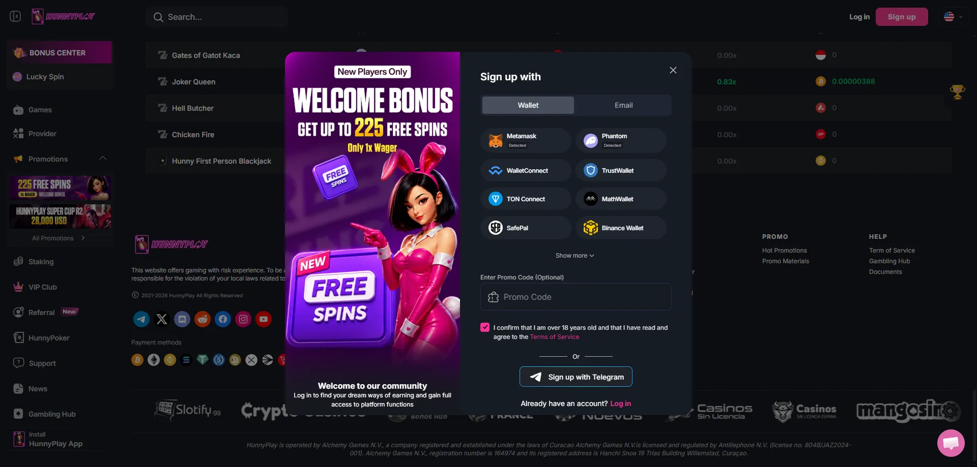HunnyPlay Casino sign-up page — quick account creation for IN players